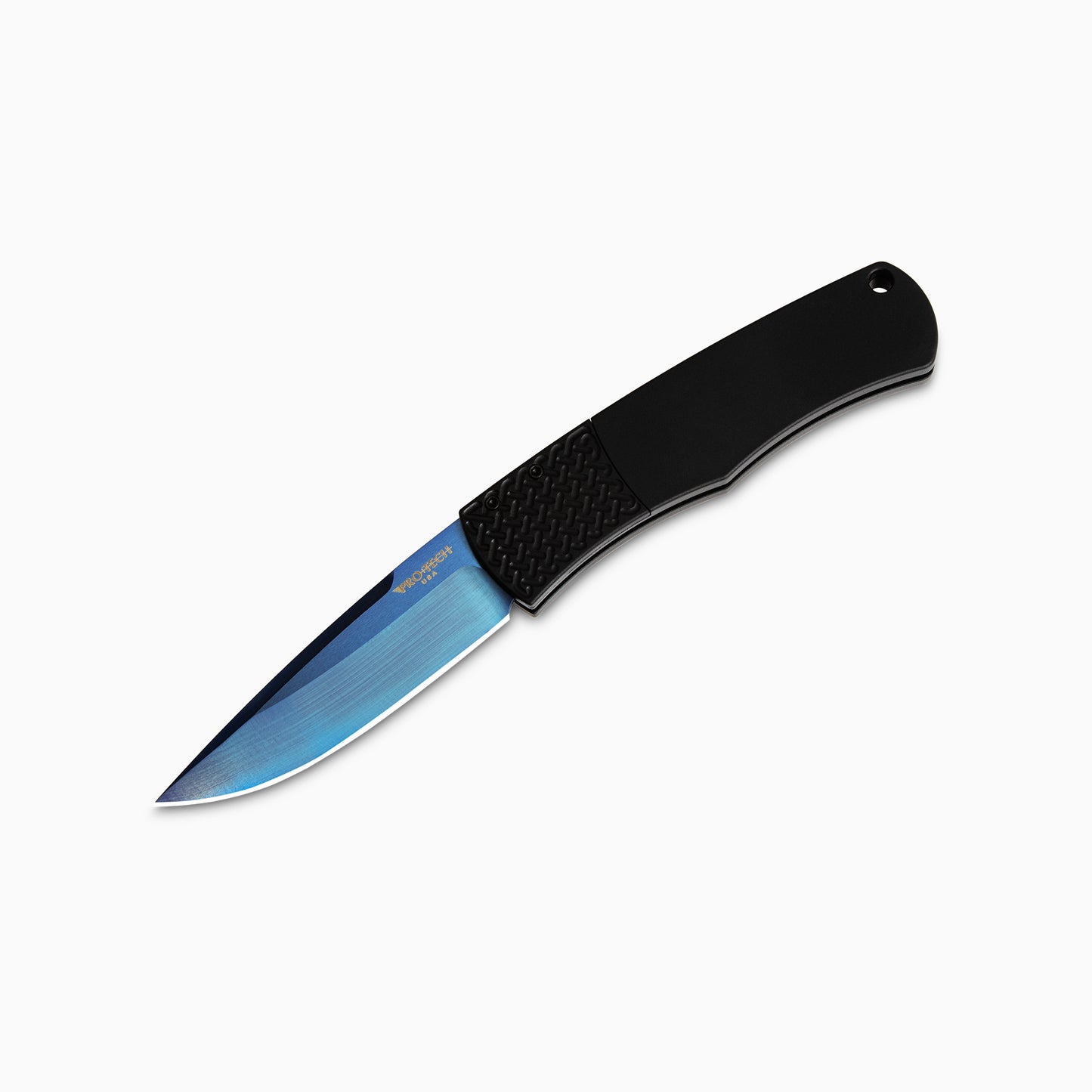Pro-Tech Whiskers BR-1 SB | Black Handle w/ Patterned Bolster + Sapphire Blue 154-CM Blade