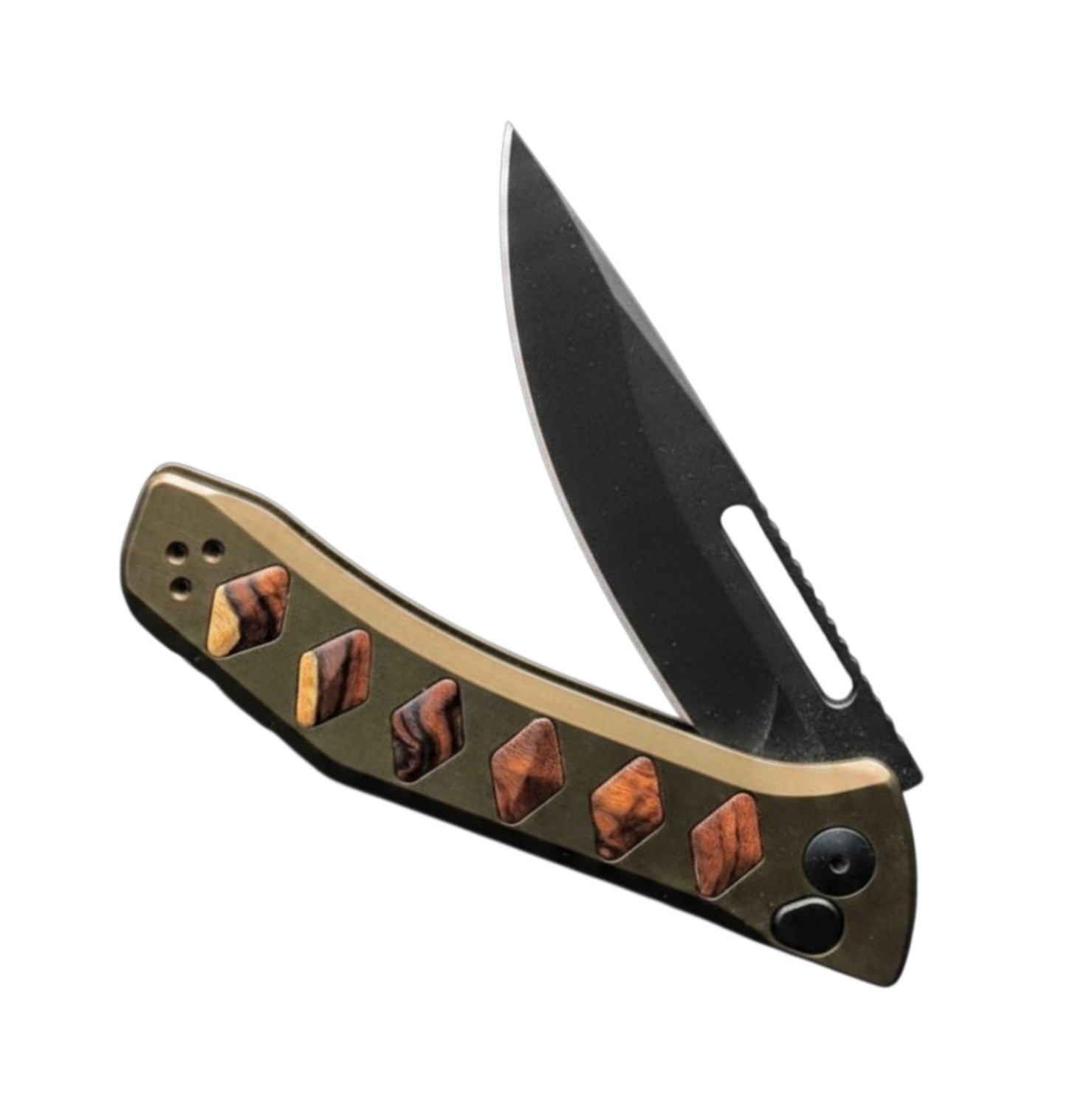 Half Face Blades Custom Kwaiken Folder | Anodized Green Aluminum Handle w/ Desert Ironwood Inlay + Black Nitride S45VN Blade