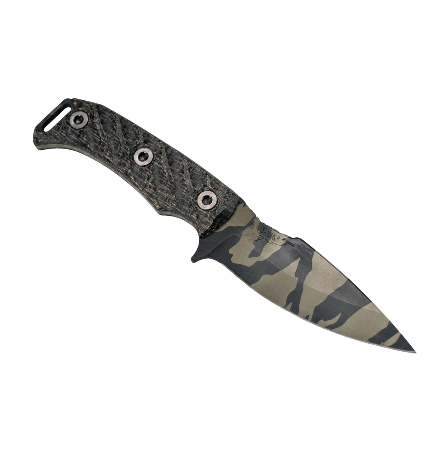 Half Face Blades Ishi | Black Burlap Micarta Handle + Tiger Stripe Camo Cerakote S45VN Blade
