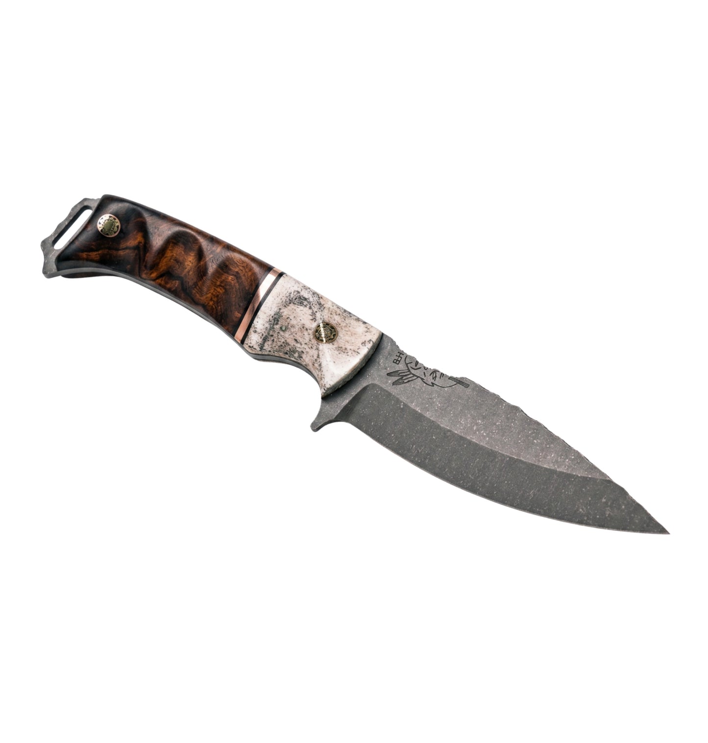 Half Face Blades Ishi | Elk Antler, Black G10 & Desert Ironwood Handle + Acid Etch S45VN Blade