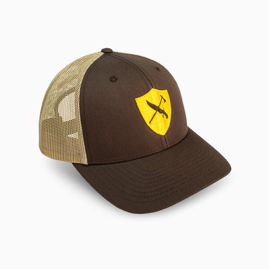 Brown/Tan Trucker Hat | Yellow Shield Logo