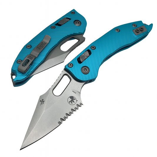 Microtech Stitch RAM-LOK 169RL-11FLTQ - Turquoise Fluted Handle + Stonewash Part Serrated Blade