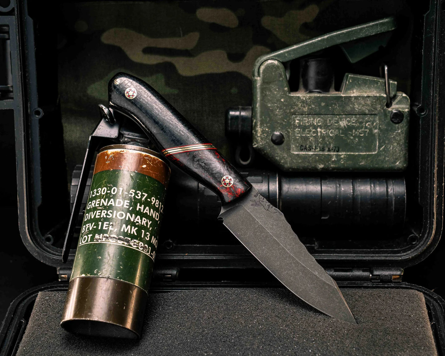 Half Face Blades Field Knife Jr. | Red Dark Matter Carbon w/ Black, Cherry G10 & Brass Handle + Acid Wash S45VN Blade