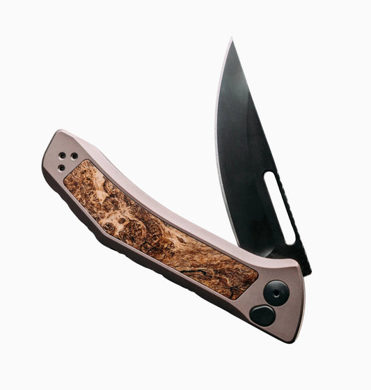 Half Face Blades Custom Kwaiken Folder | Anodized Gray Aluminum Handle w/ Spalted Maple Inlay + Black Nitride S45VN Blade