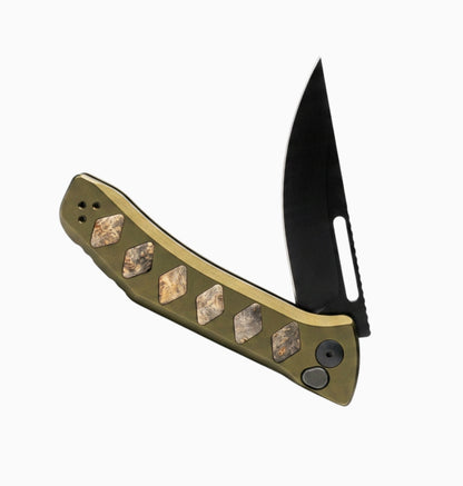 Half Face Blades Custom Kwaiken Folder | Anodized Green Aluminum Handle w/ Buckeye Burl Inlay + Black Nitride S45VN Blade