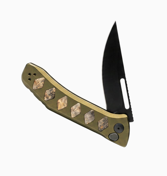 Half Face Blades Custom Kwaiken Folder | Anodized Green Aluminum Handle w/ Buckeye Burl Inlay + Black Nitride S45VN Blade