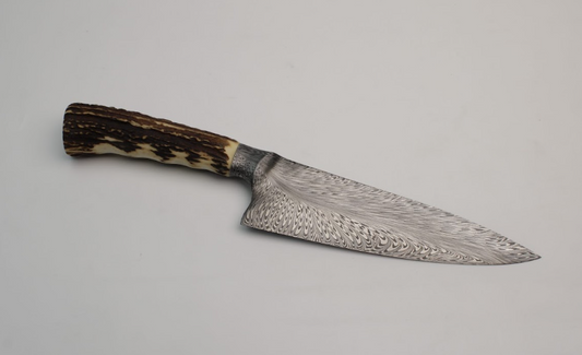 David Lisch | Custom 7" Feather Damascus Stag Chef Knife